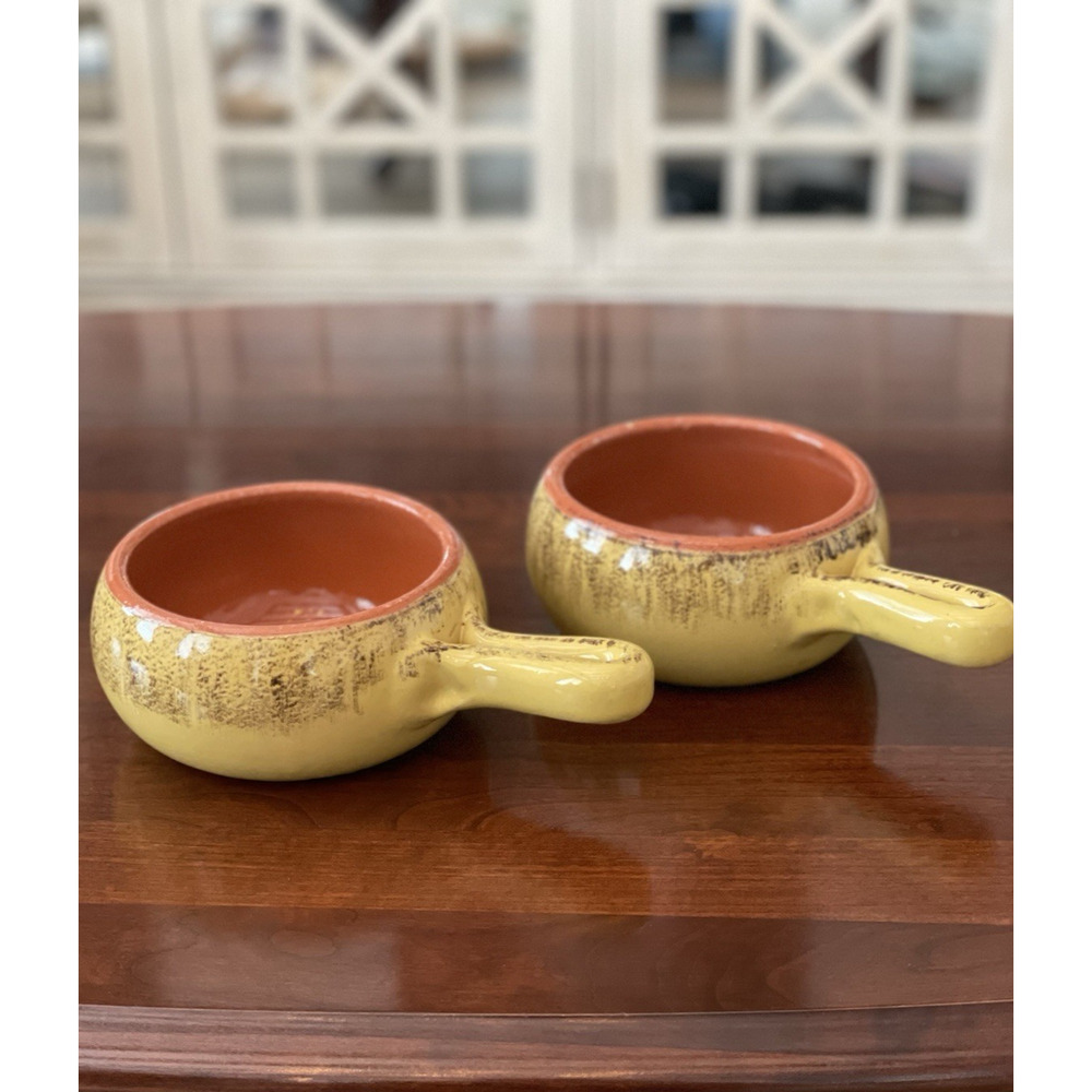 De Silva Terracotta Yellow Mustard Glazed Bowl w/Handle Made in Italy Set of 2